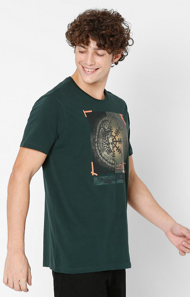 Spykar Men Green Cotton Slim Fit Round Neck T-Shirt