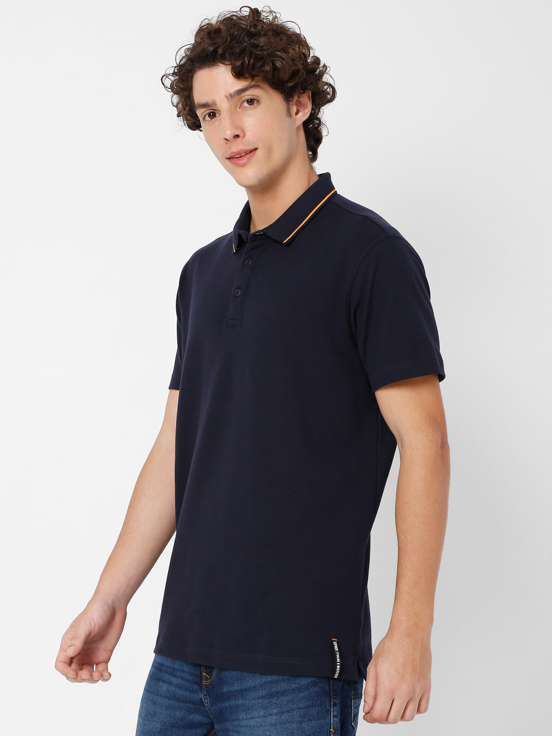 Spykar Men Blue Cotton Slim Fit Plain Polo T-Shirt