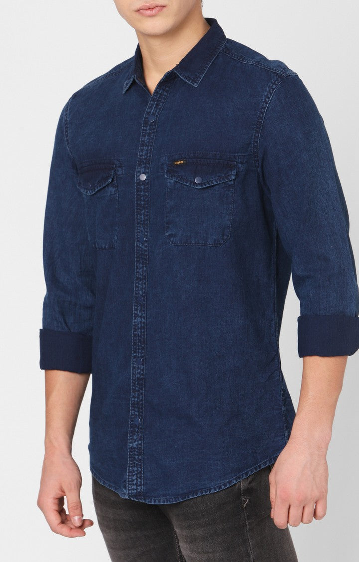 Spykar Men Dark Blue Cotton Slim Fit Denim Shirt