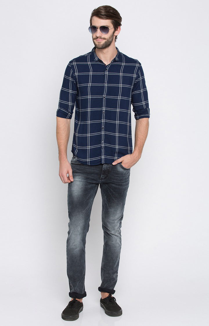 Spykar Men'S Blue Cotton Checked Casual Shirts