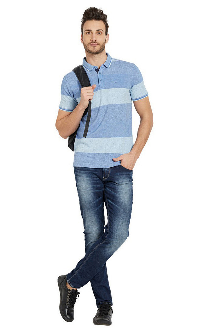 Spykar Blue Striped Slim Fit Polo T-Shirt