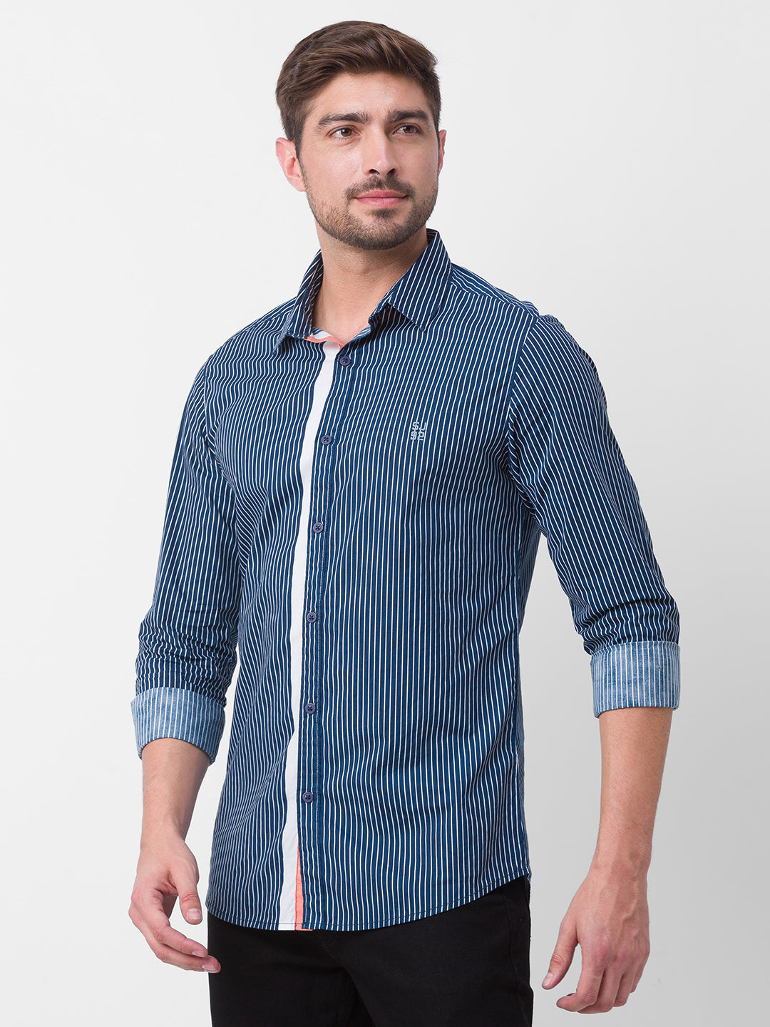 Spykar Navy Blue Cotton Full Sleeve Stripes Shirt For Men