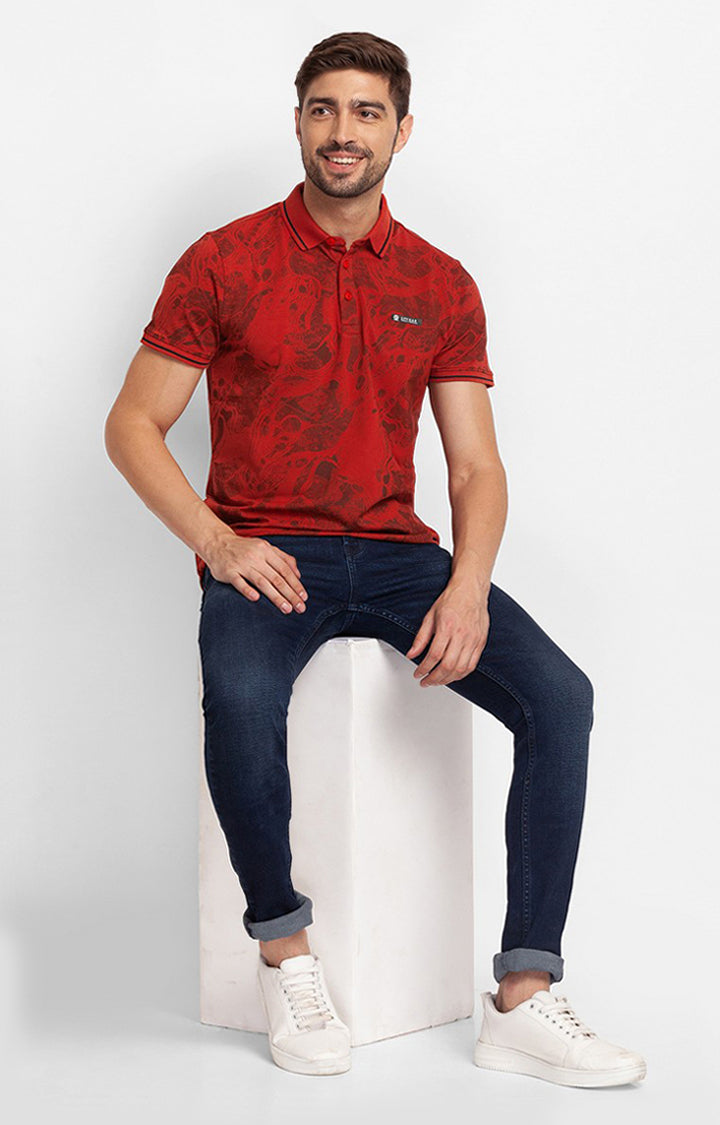 Spykar Brick Red Cotton Half Sleeve Printed Casual Polo T-Shirt For Men