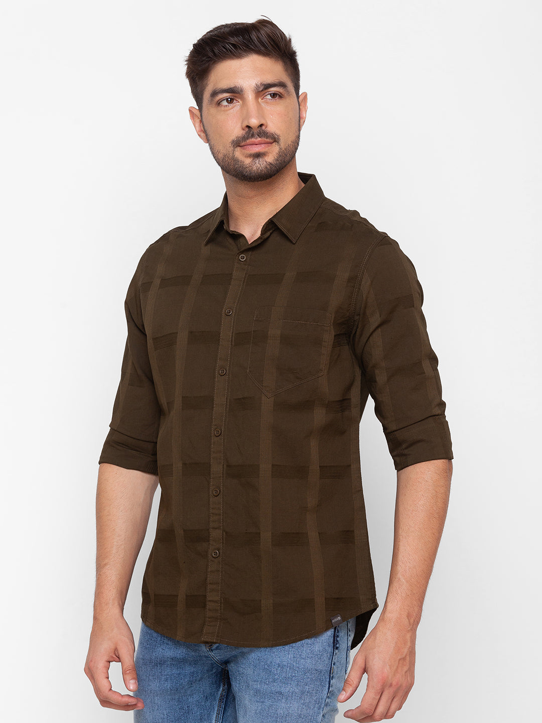 Spykar Military Green Cotton Full Sleeve Plain Shirt For Men