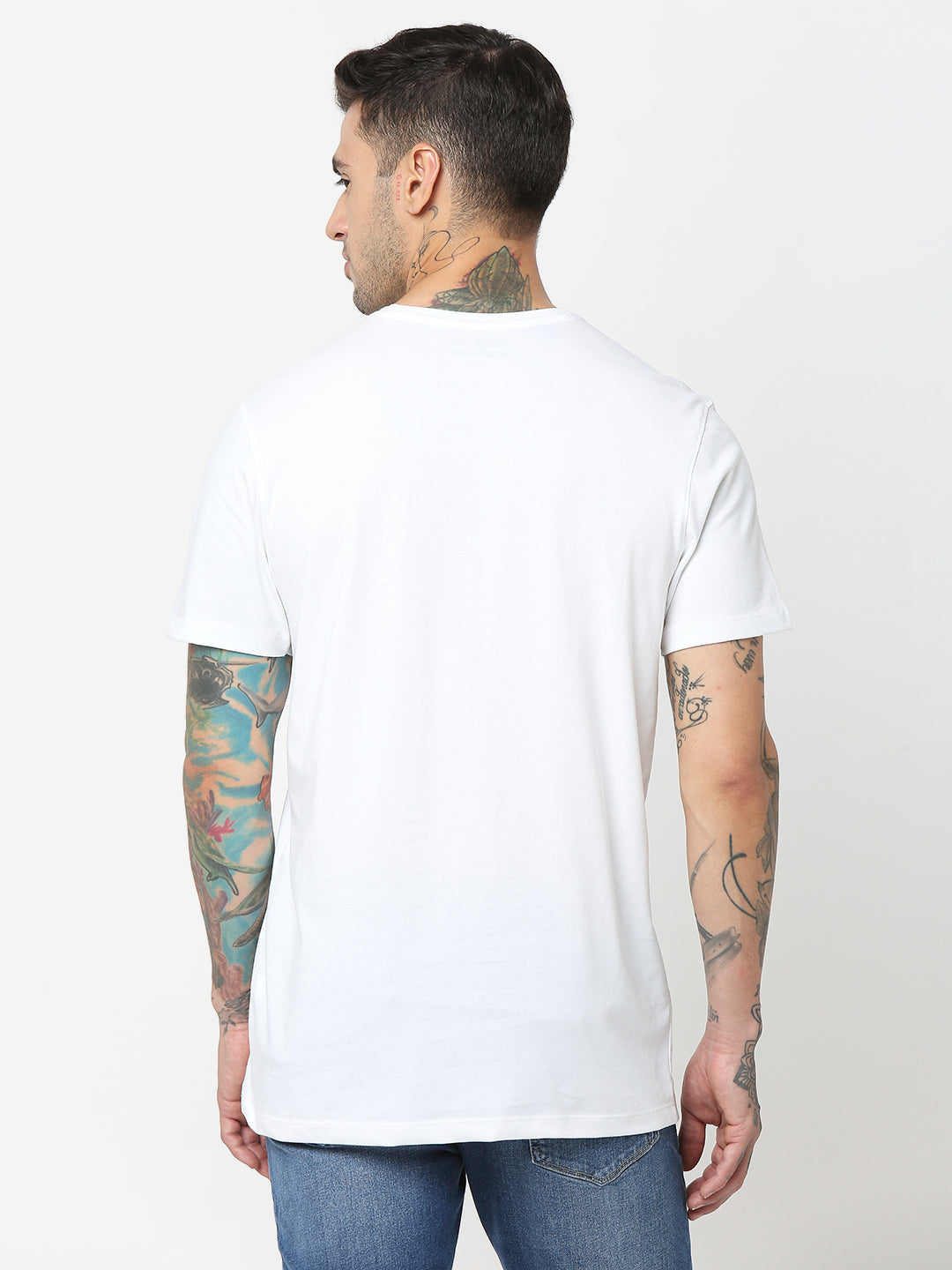 Spykar Men White Cotton Slim Fit Round Neck Printed T-Shirt