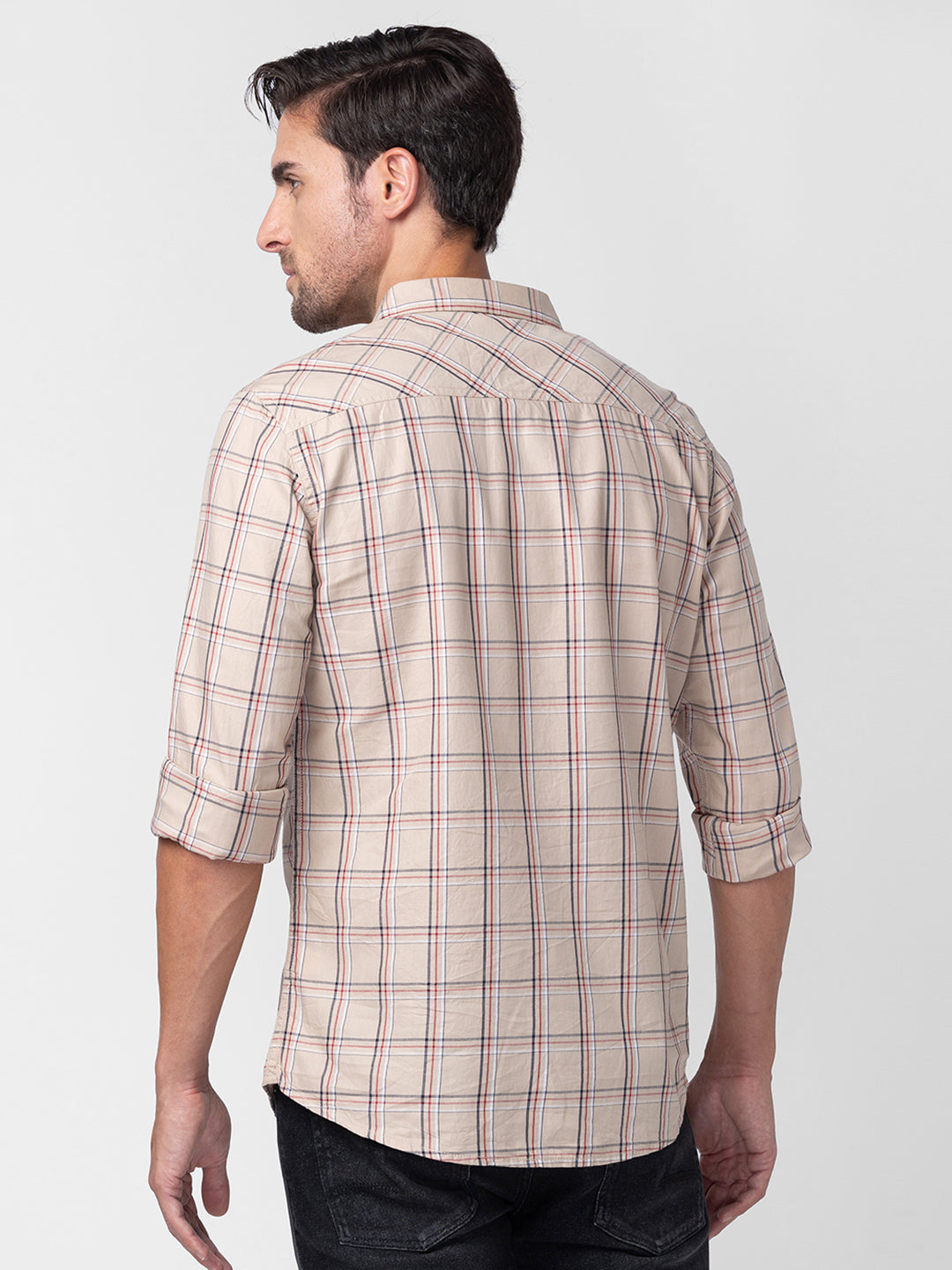 Spykar Men Beige Cotton Regular Fit Checkered Shirts