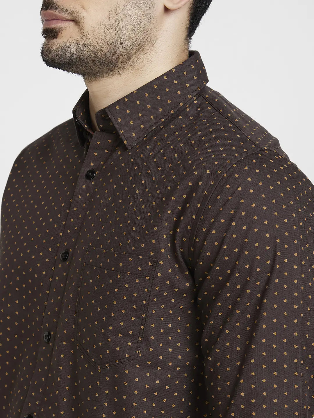 Spykar Men Coffee Brown Cotton Regular Slim Fit Full Sleeve Printed Shirt