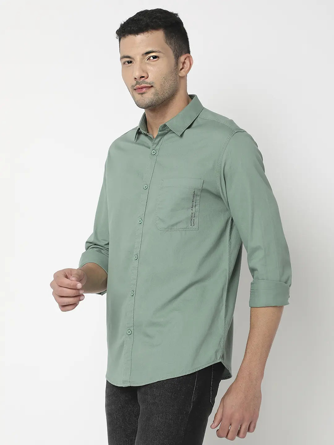 Spykar Men Sage Green Cotton Slim Fit Plain Shirt