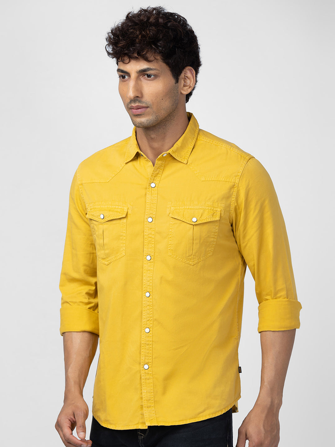 Spykar Men Sulphur Yellow Cotton Slim Fit Plain Shirt