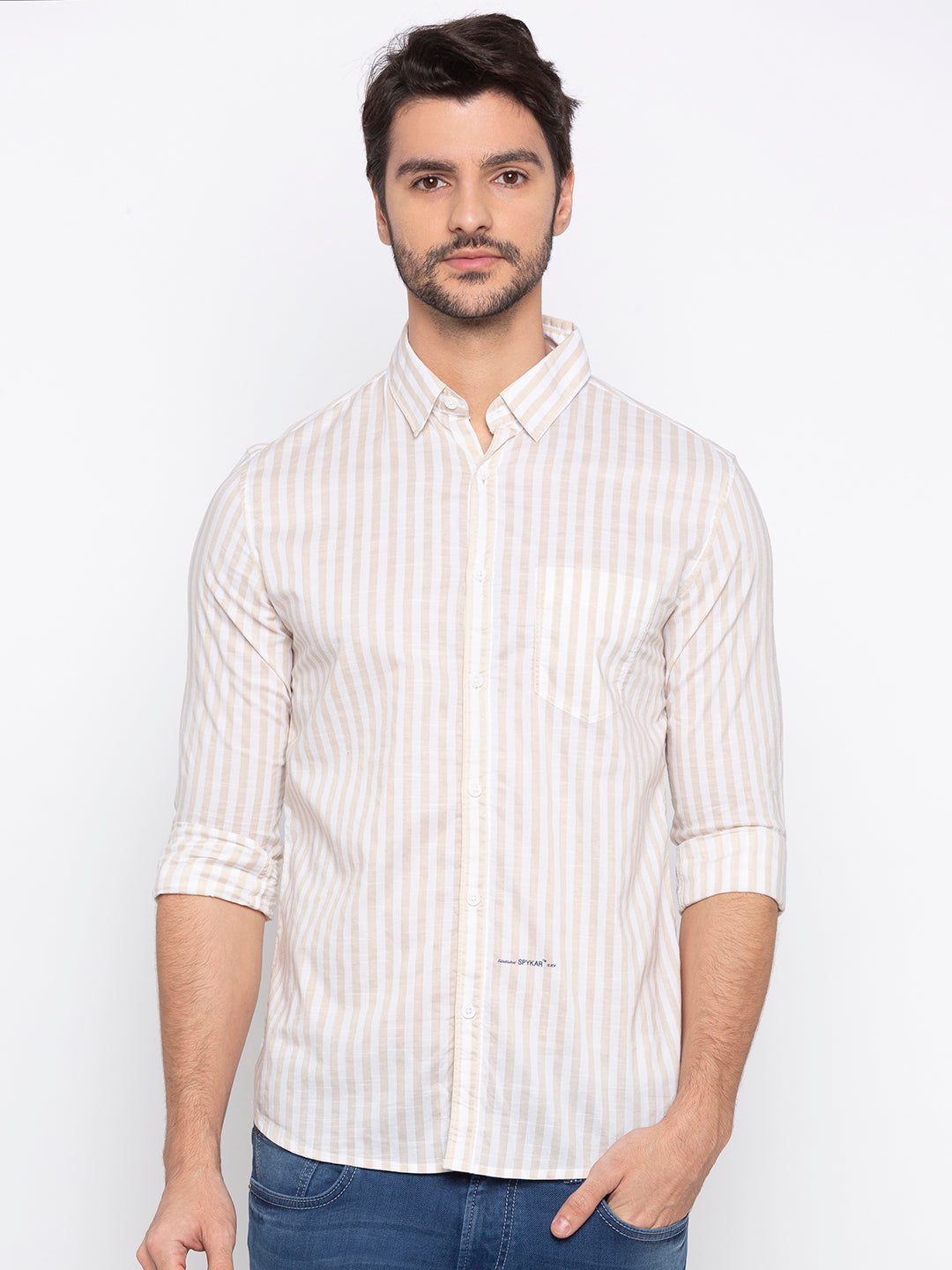 Spykar Men Beige Striped Slim Fit Casual Shirt