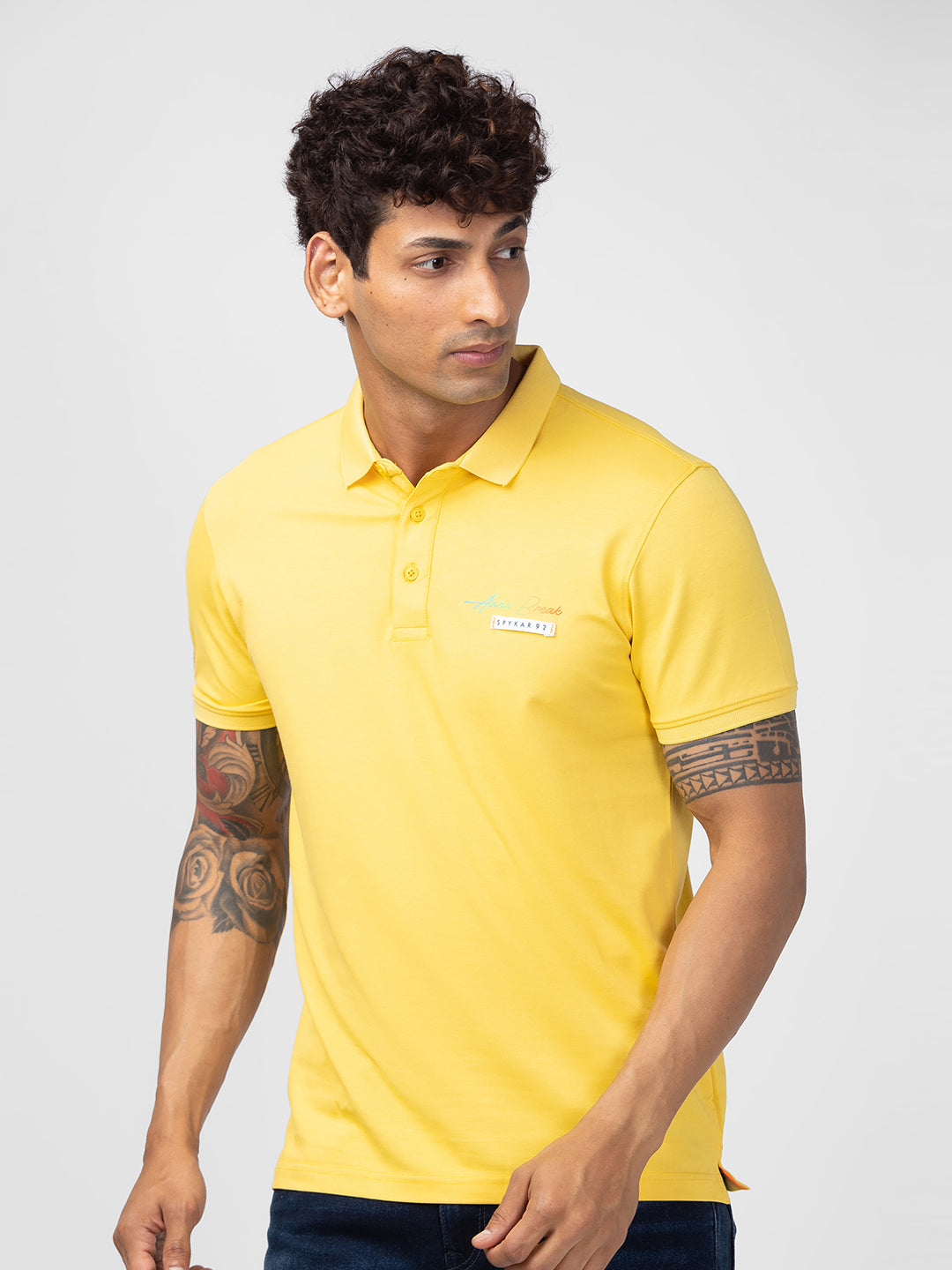 Spykar Men Yellow Cotton Regular Fit Half Sleeve Plain Polo T-Shirt