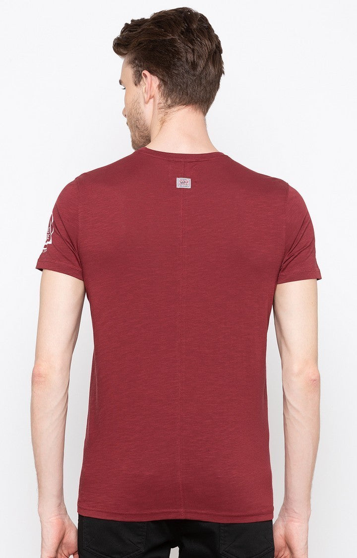 Spykar Wine Printed Slim Fit Men T-Shirts