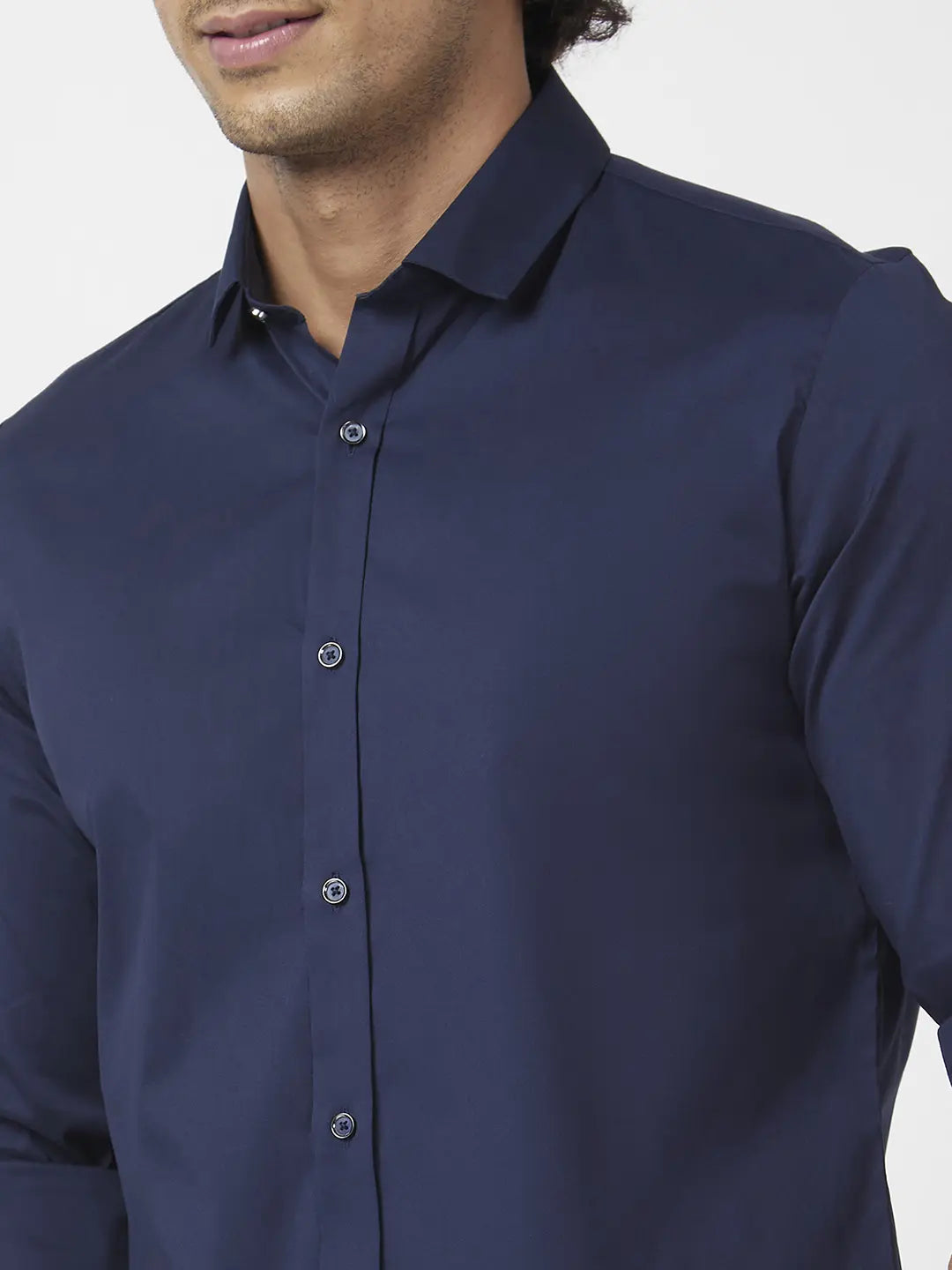 Spykar Men Navy Blue Dyed Regular Slim Fit Full Sleeve Plain Shirt