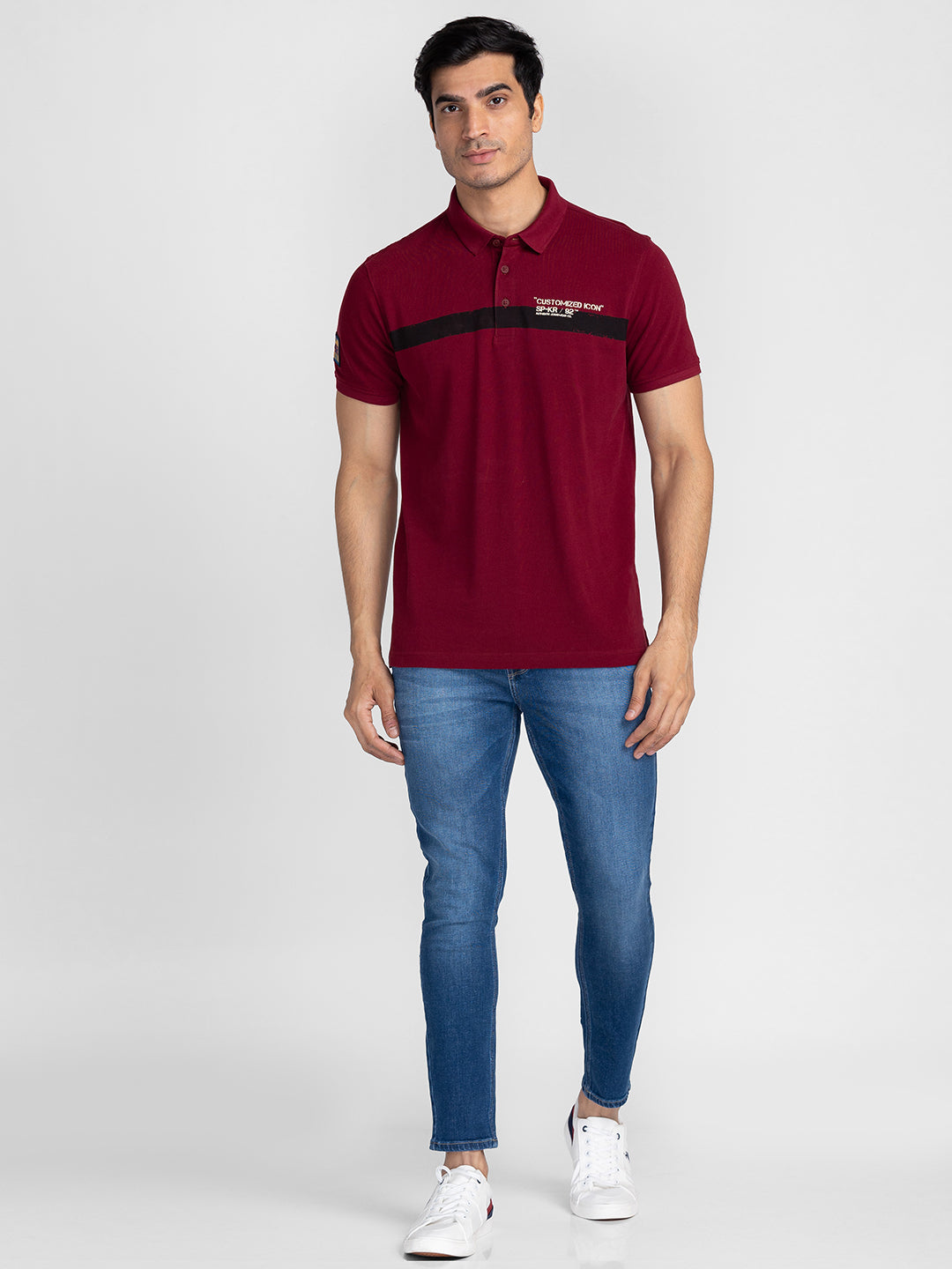 Spykar Men Berry Red Cotton Slim Fit Polo Printed T-Shirt