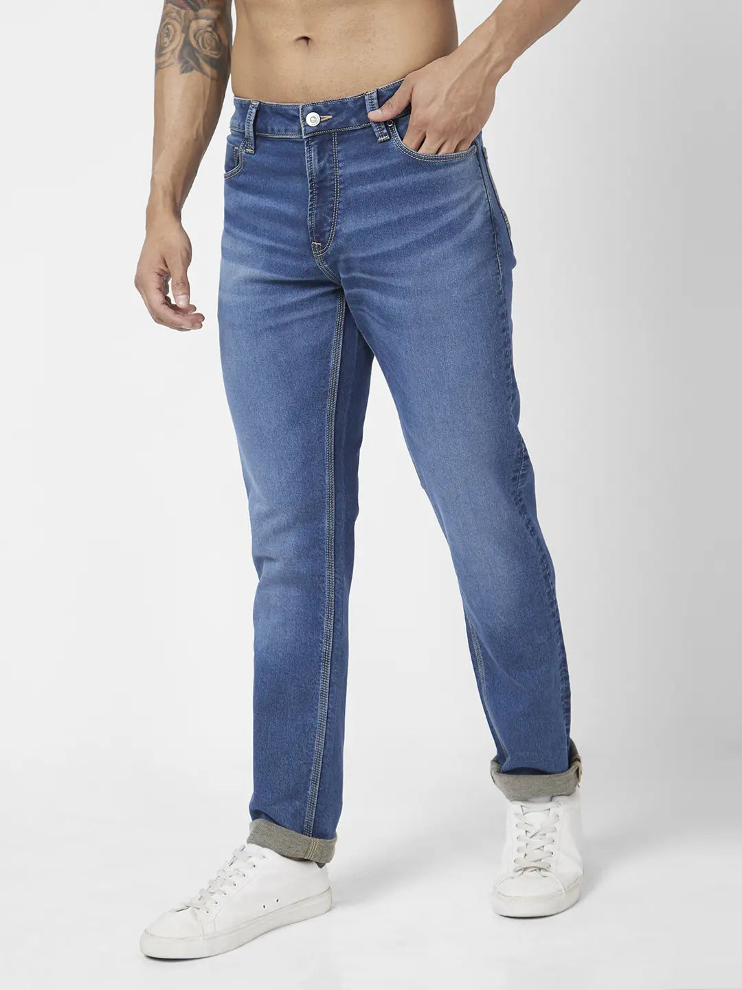 Spykar Men Mid Blue Cotton Stretch Comfort Fit Straigth Length Clean look Mid Rise Jeans (Ricardo)