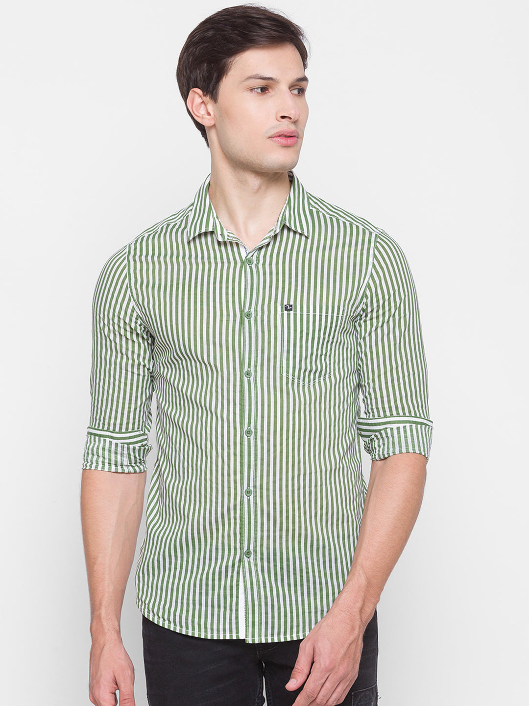 Spykar Slim Fit Green Cotton Men Shirt