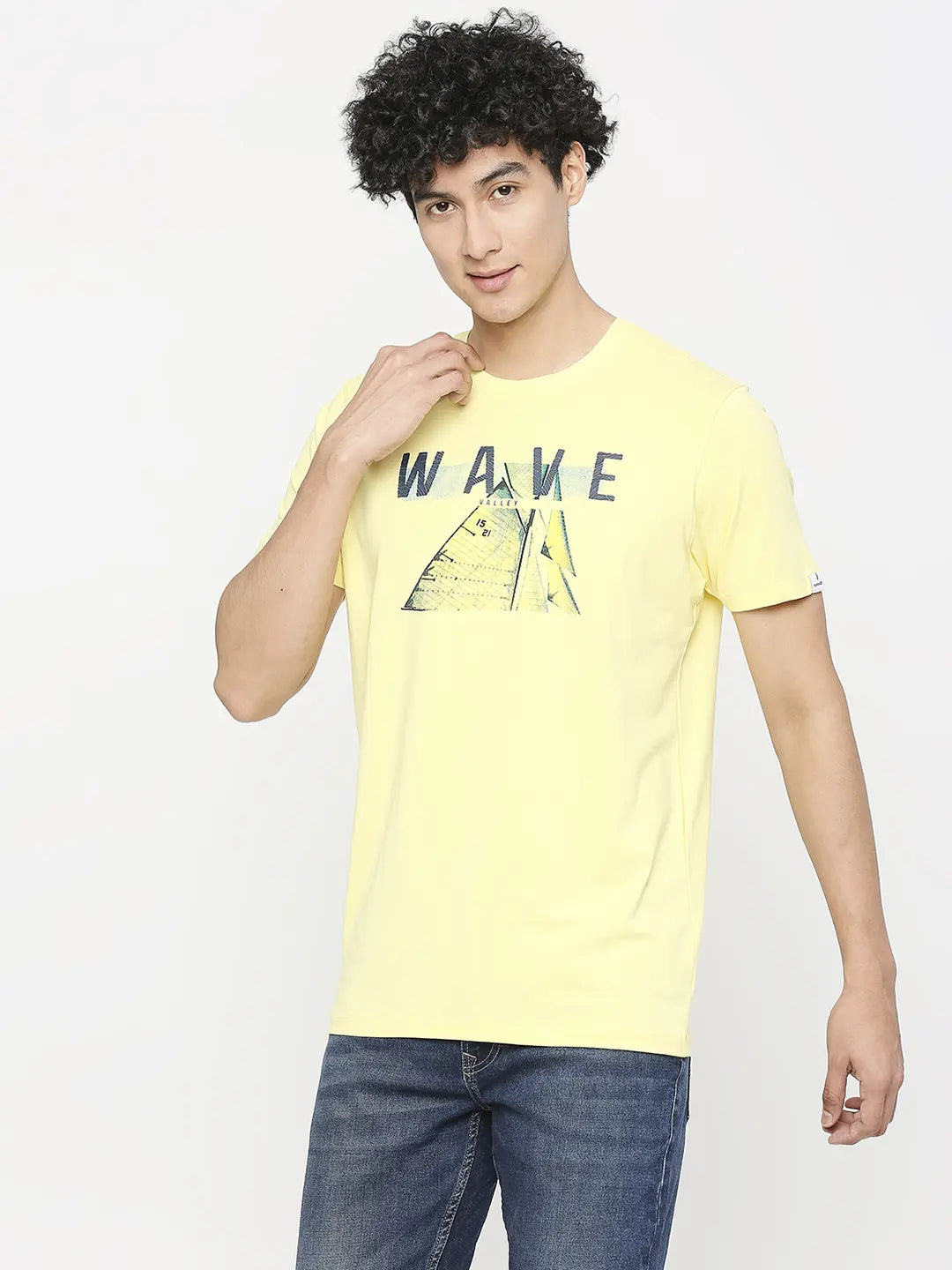 Spykar Men Powder Yellow Cotton Slim Fit Round Neck Printed T-Shirt