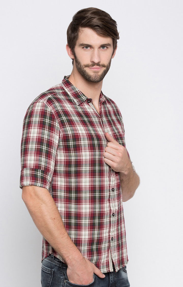 Spykar Men'S Red Cotton Checked Casual Shirts