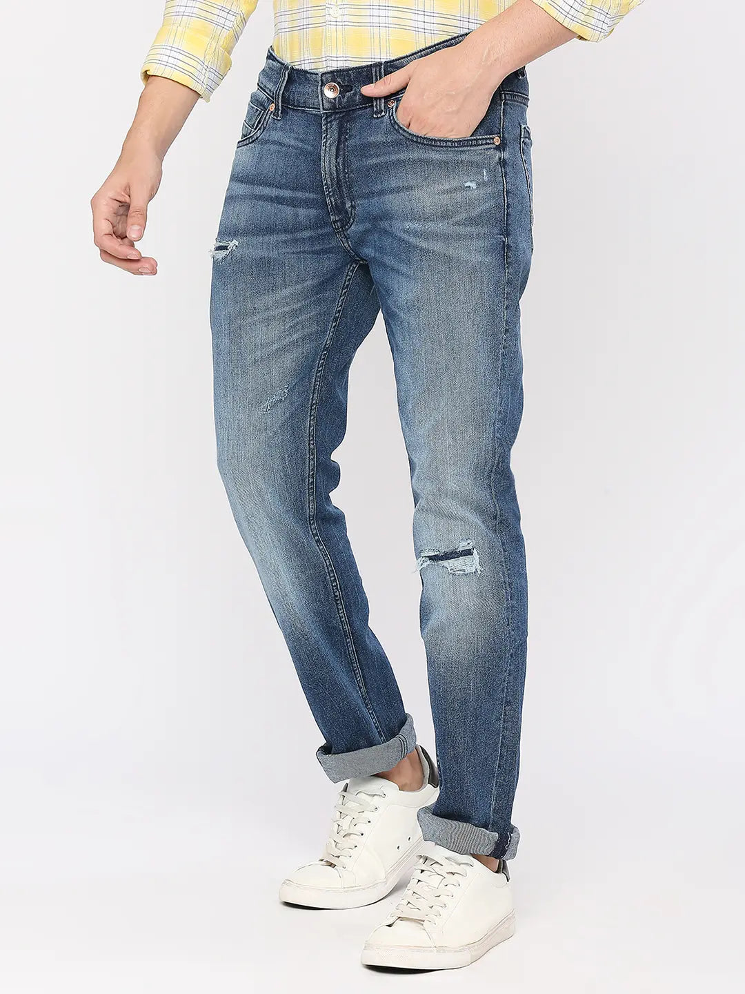 Spykar Men Mid Blue Cotton Regular Fit Narrow Length Knee Slash Mid Rise Limited edition Jeans (Rover)