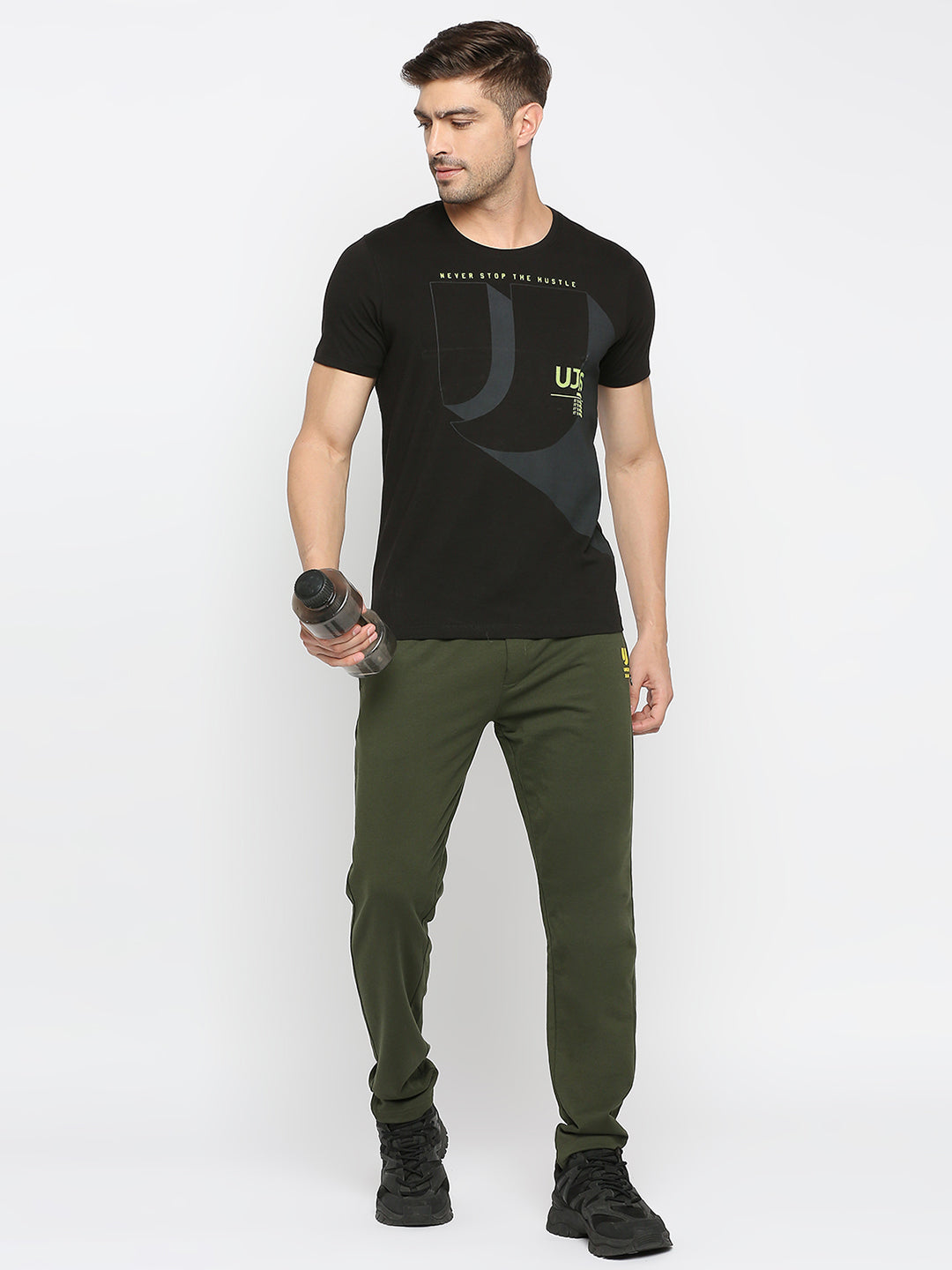 Men Premium Cotton Blend Olive Trackpant- Underjeans By Spykar