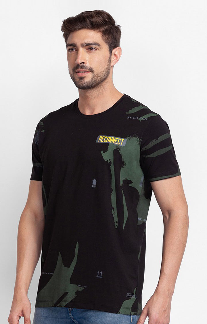 Spykar Black Cotton Half Sleeve Printed Casual T-Shirt For Men