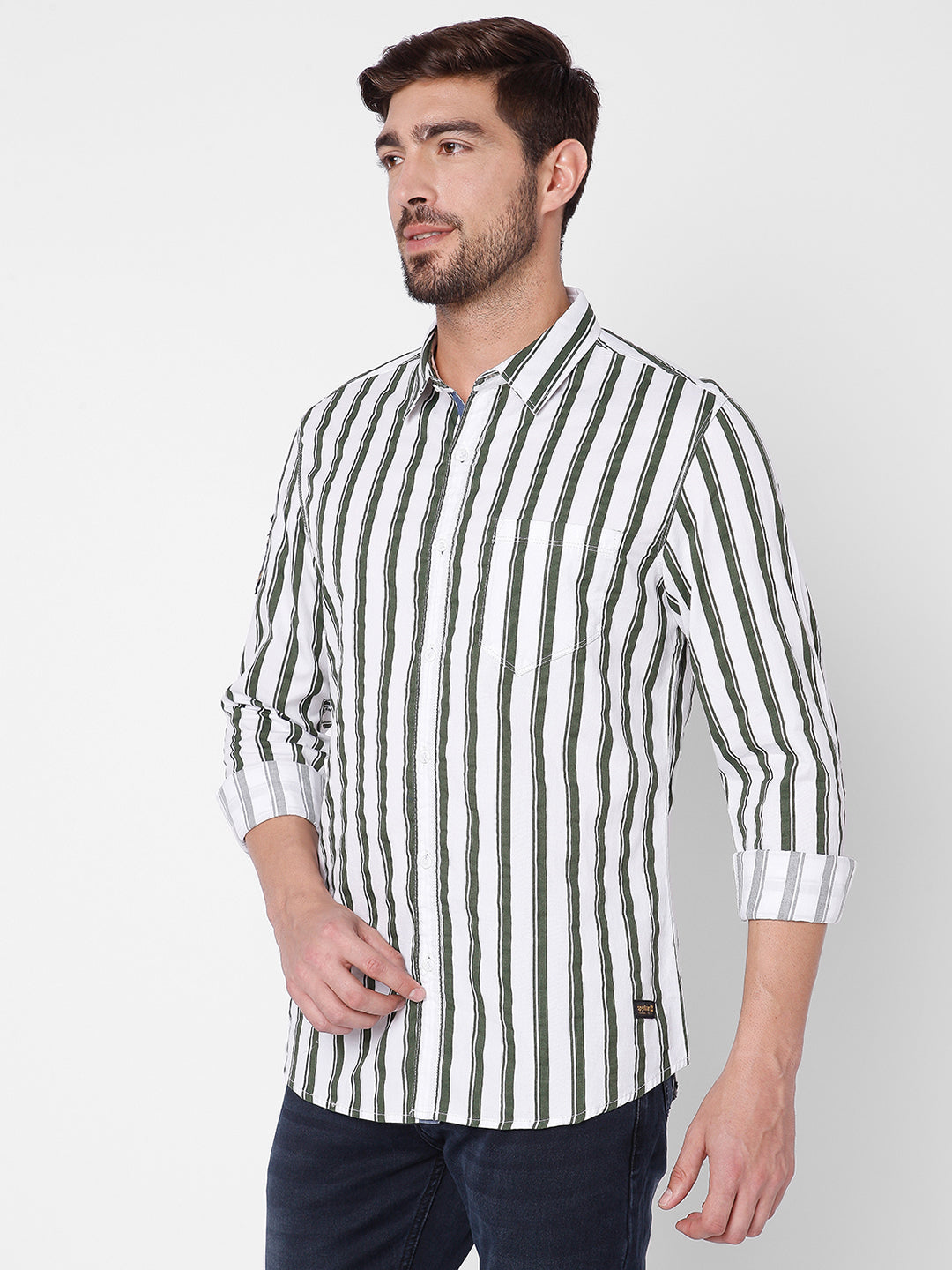 Spykar Green Cotton Slim Fit Stripe Shirts For Men