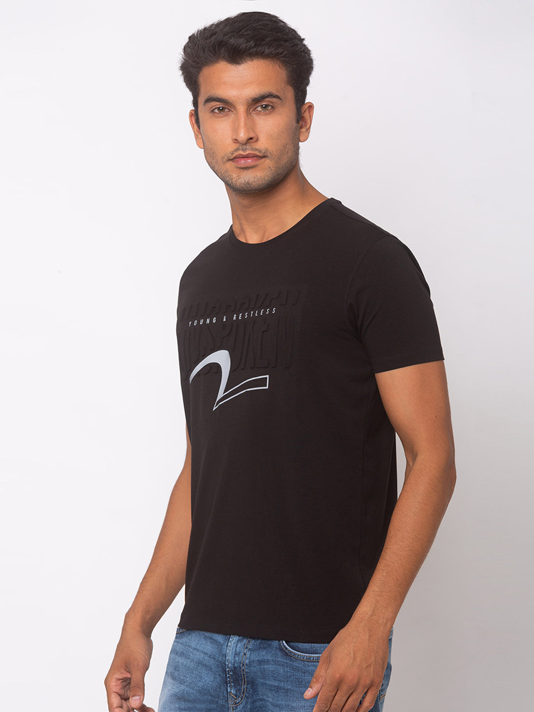 Spykar Men Black Blended Slim Fit T-Shirt