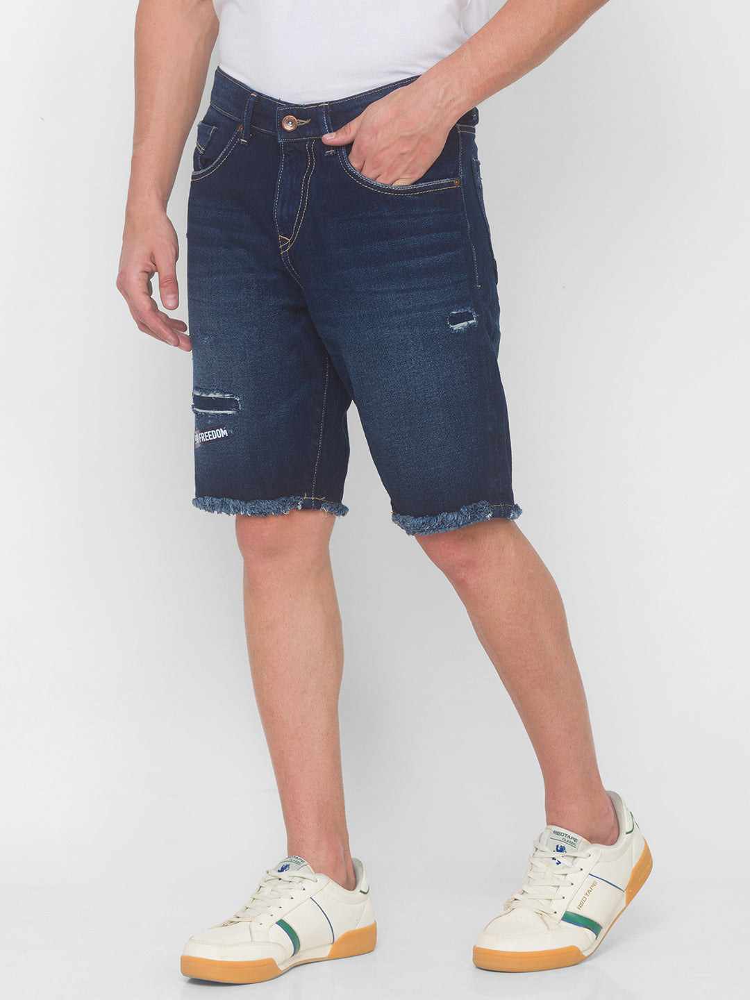 Spykar Men Dark Blue Solid Relaxed Low-Rise Shorts (Denim Shorts)