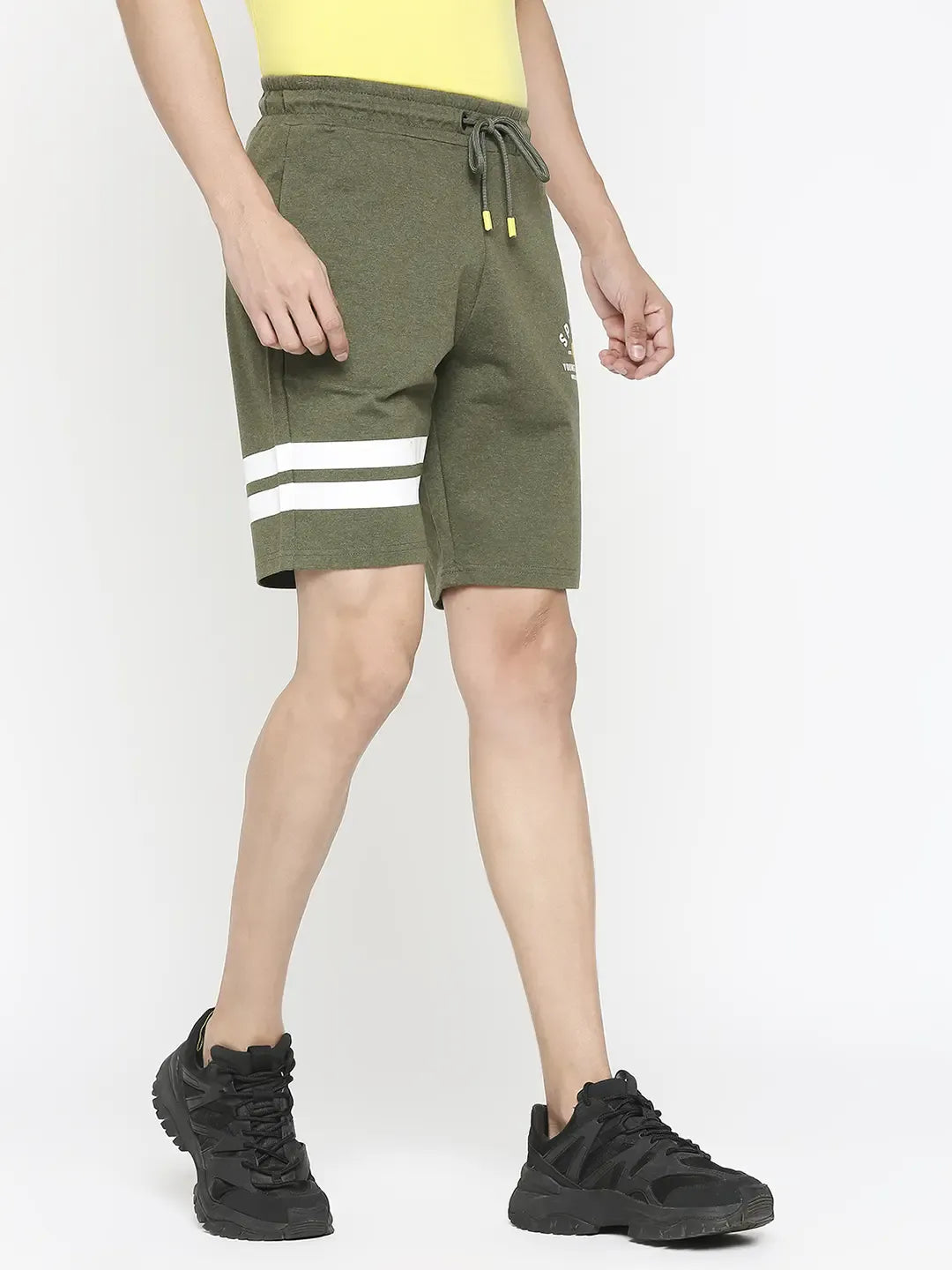 Spykar Men Olive Melange Cotton Regular Fit Knitted Shorts