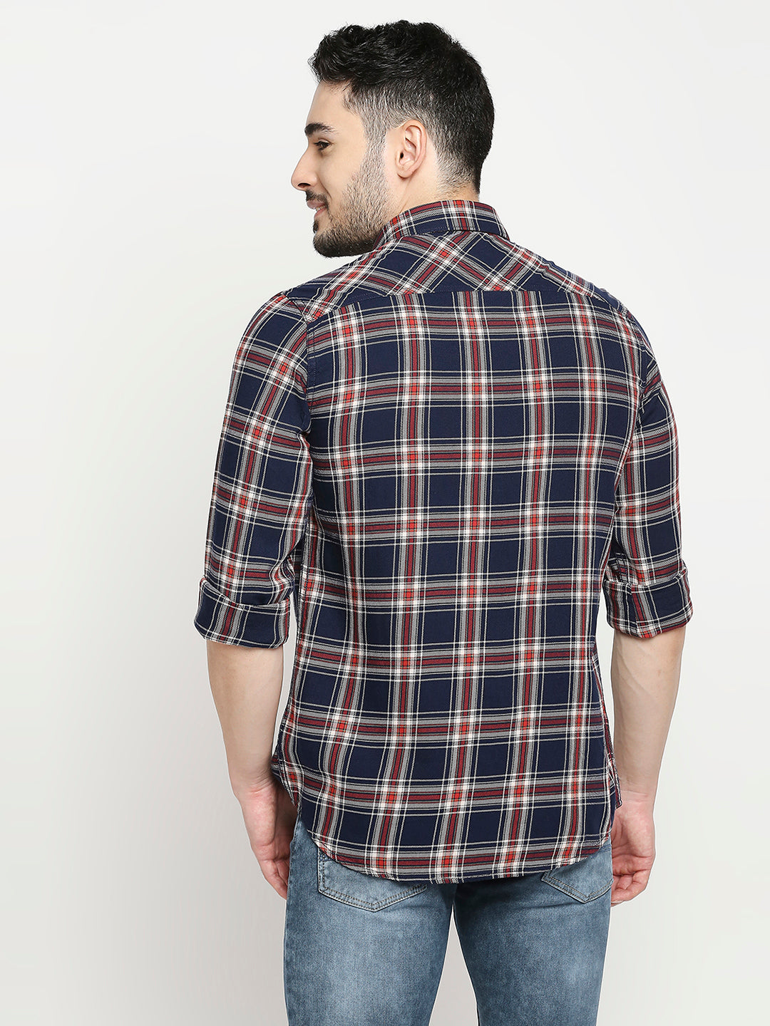 Spykar Navy Rust Cotton Full Sleeve Checkered Shirt For Men