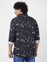 Spykar Men Black Viscose Regular Slim Fit Full Sleeve Causal Printed Shirt