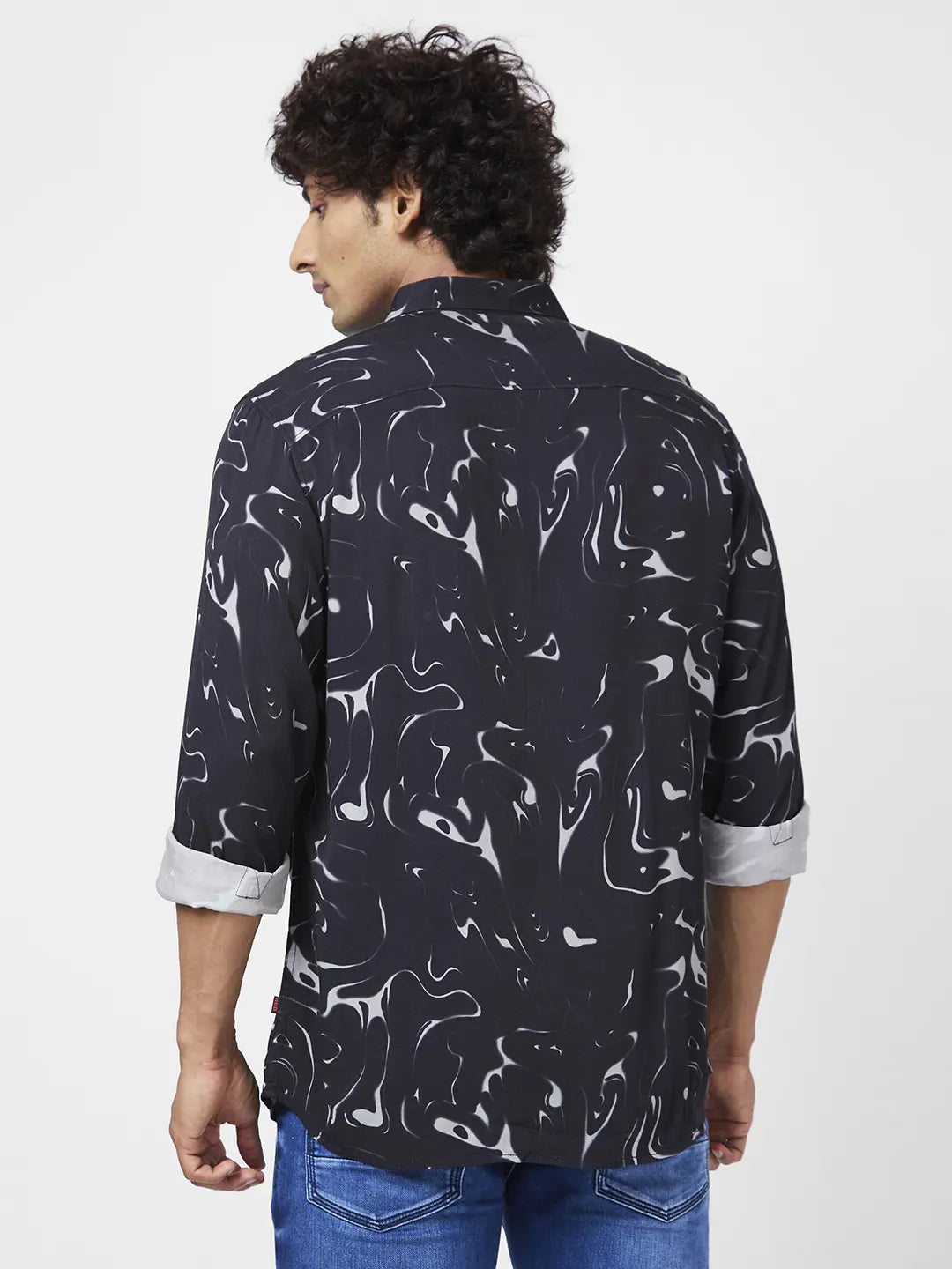 Spykar Men Black Viscose Regular Slim Fit Full Sleeve Causal Printed Shirt