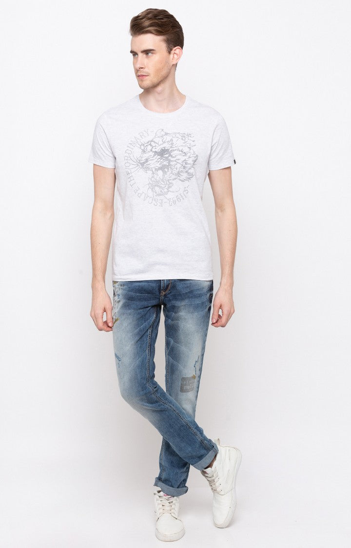 Spykar White Printed Slim Fit Men T-Shirts