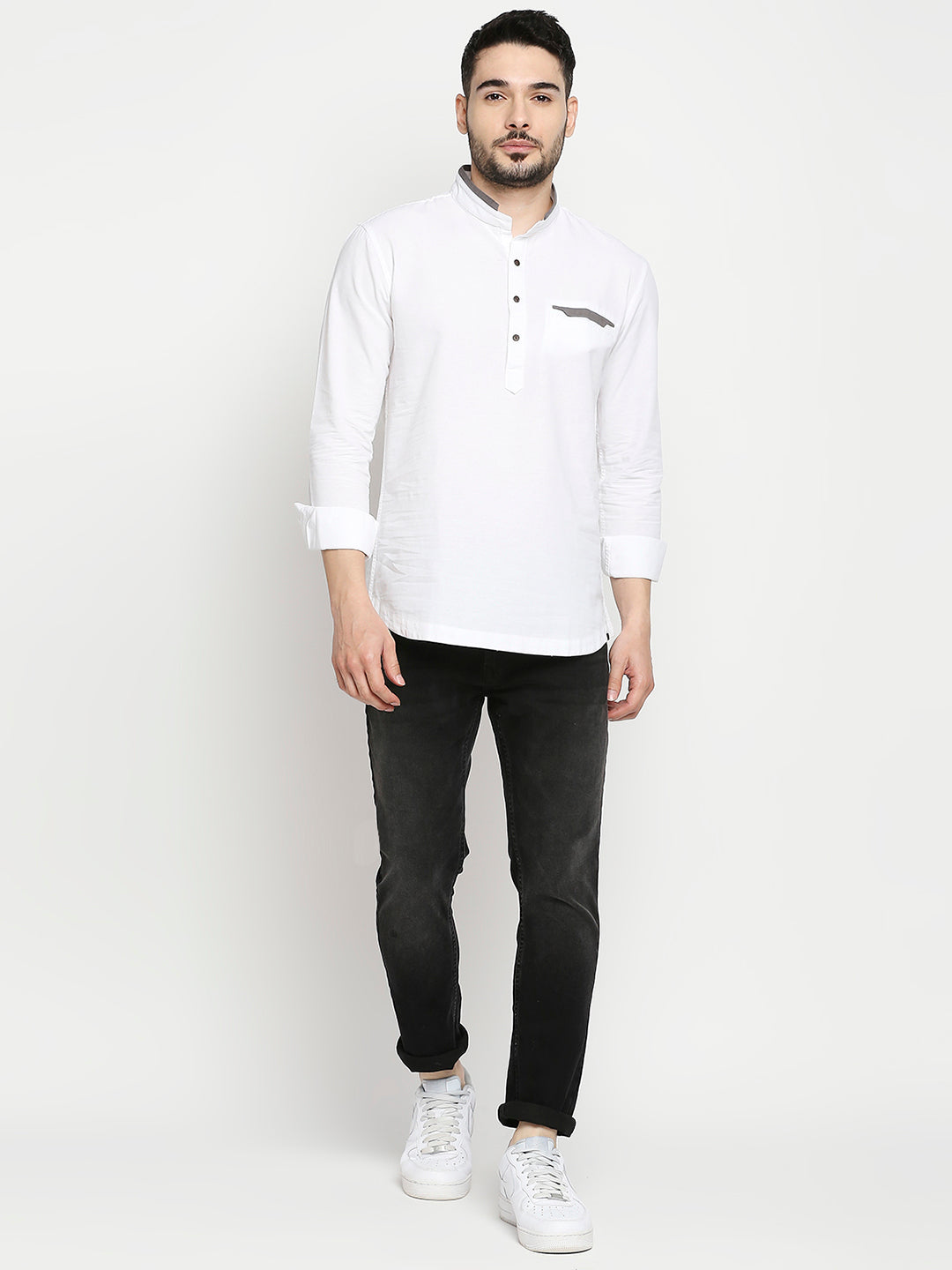 Spykar White Cotton Full Sleeve Plain Kurta For Men