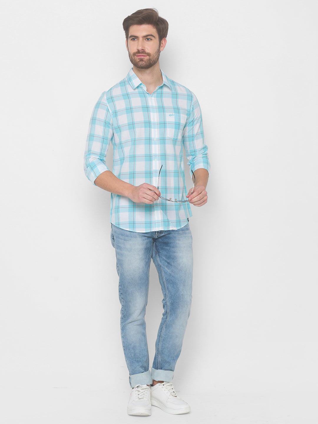 Spykar Men Aqua Blue Cotton Shirts (Slim)