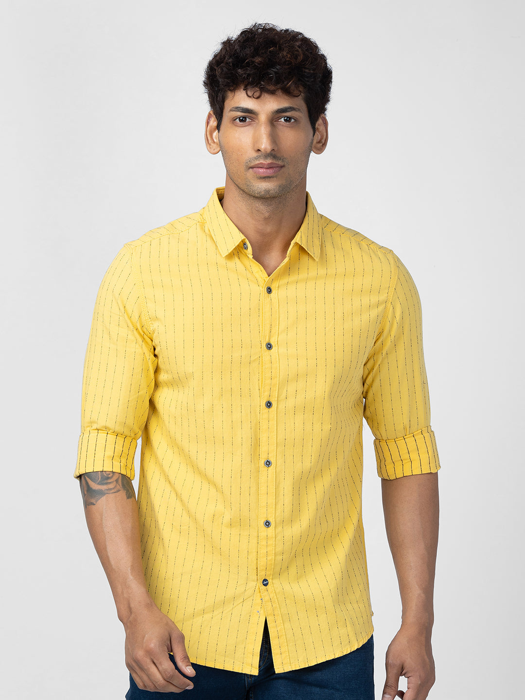 Spykar Men Sulphur Yellow Cotton Slim Fit Striped Shirt ...