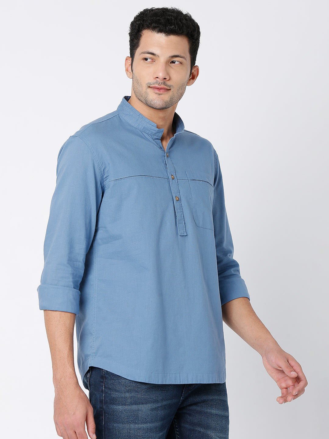 Spykar Men Air Blue Cotton Linen Full Sleeve Plain Kurta