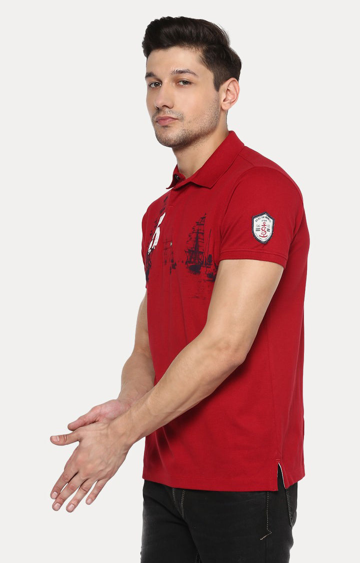 Spykar Red Printed Slim Fit Polo T-Shirt