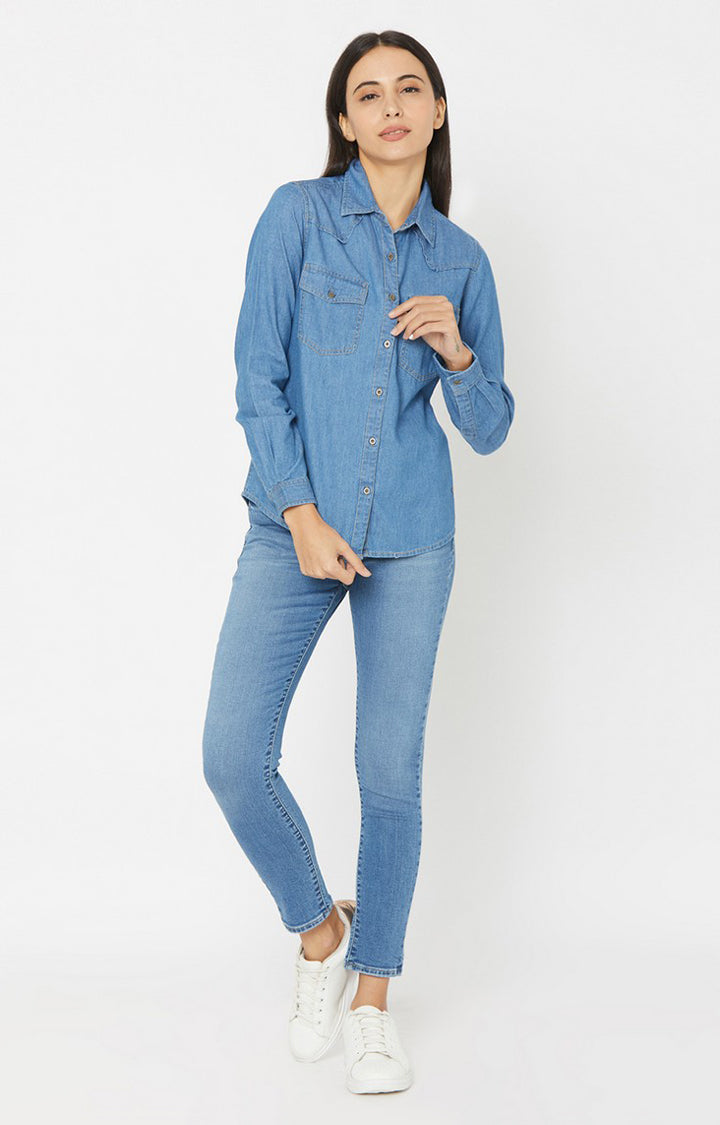 Spykar Women Blue Cotton Slim Fit Denim Shirts