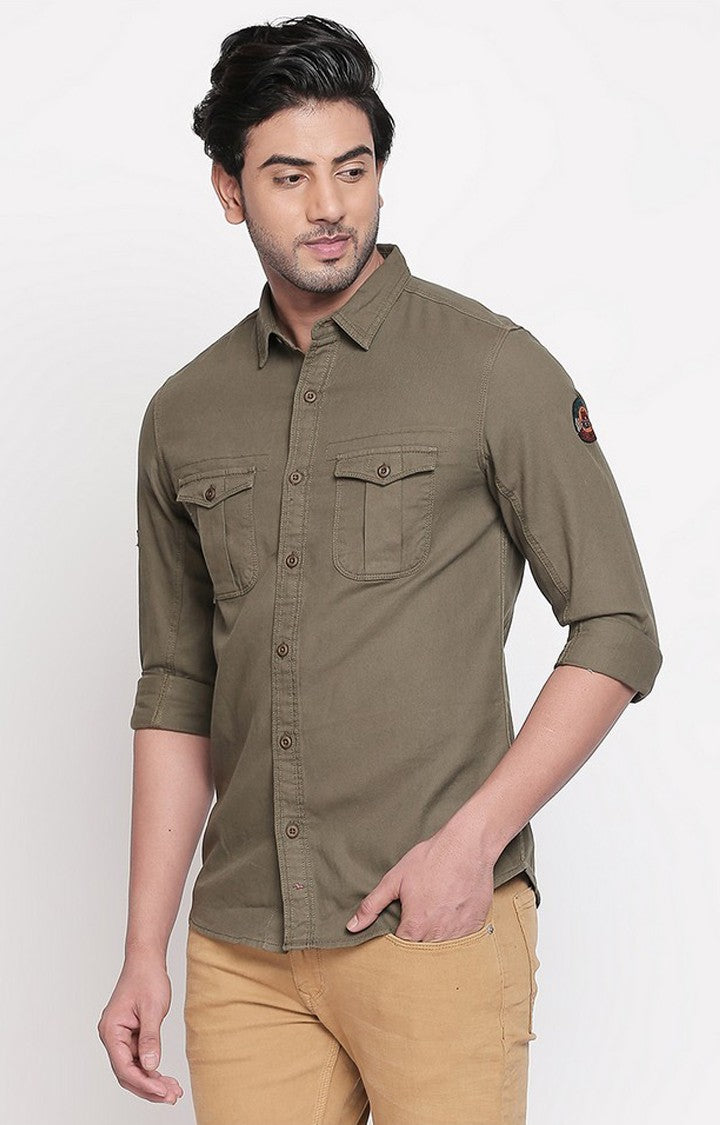 Spykar Men'S Green Cotton Solid Casual Shirts