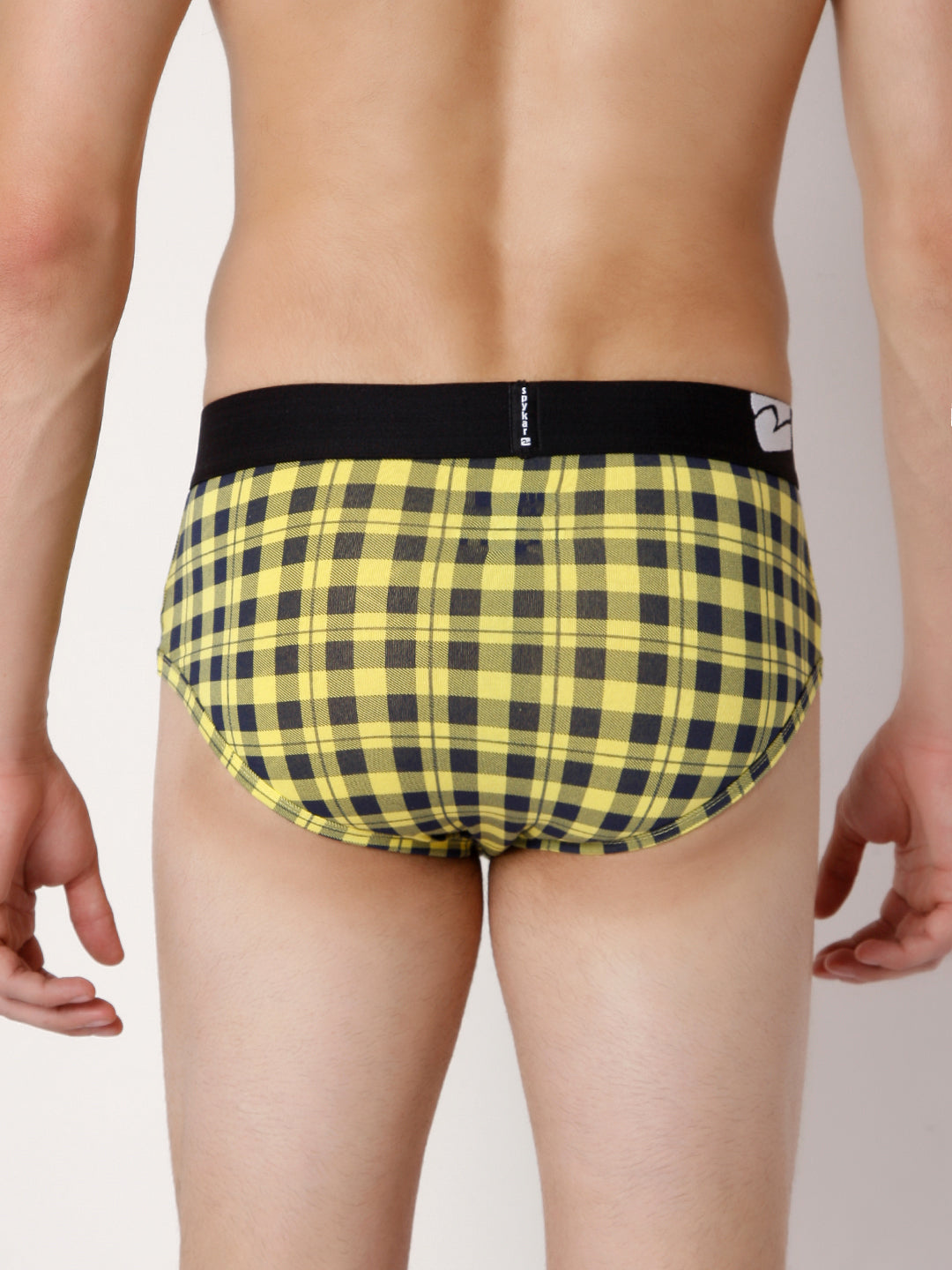 Men Premium Yellow Check Cotton Blend Brief- UnderJeans by Spykar
