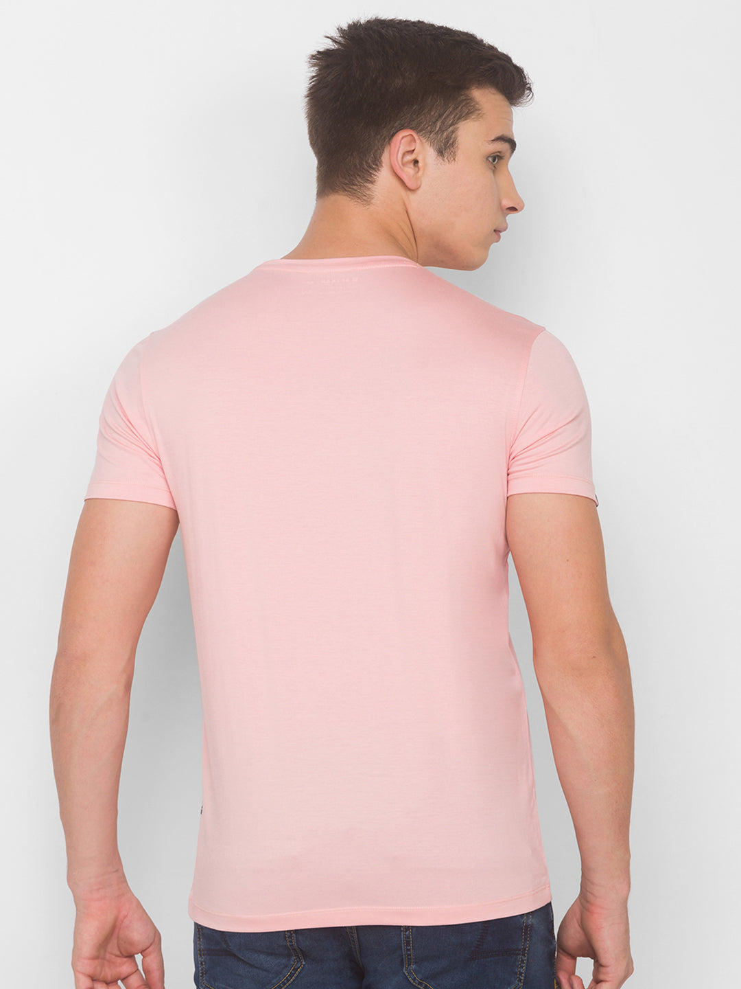 Spykar Men Pink Cotton Slim Fit Round Neck T-Shirt