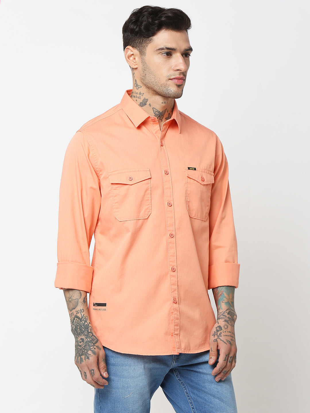 Spykar Men Peach Cotton Slim Fit Plain Shirts