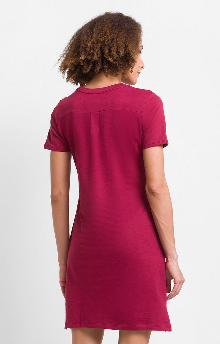 Spykar Wine Cotton Blend Slim Fit Printed Dress For Women