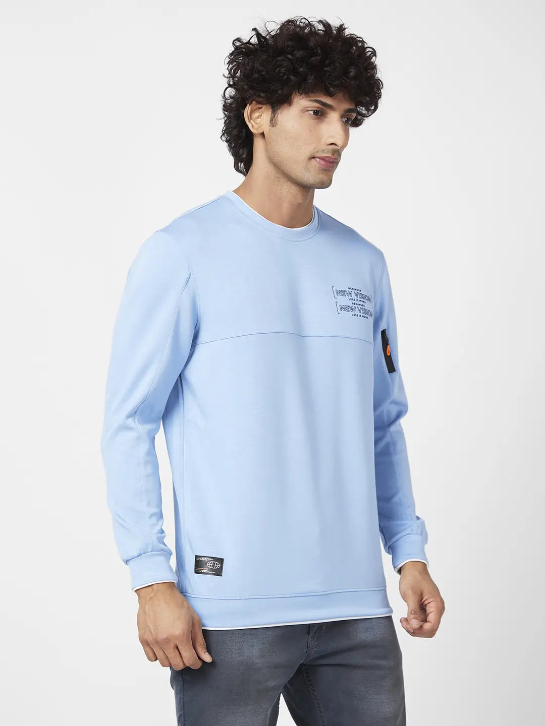 Spykar Men Powder Blue Blended Slim Fit Full Sleeve Round Neck Printed Casual Sweatshirt