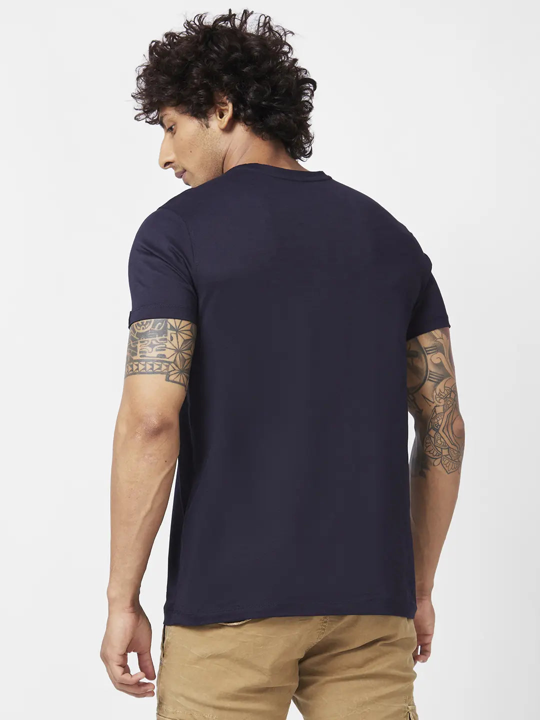 Spykar Men Navy Blue Blended Slim Fit Half Sleeve Round Neck Printed Tshirt
