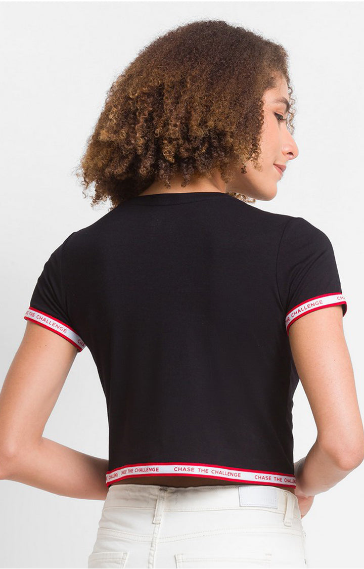 Spykar Black Cotton Blend Half Sleeve Printed Casual T-Shirts For Women