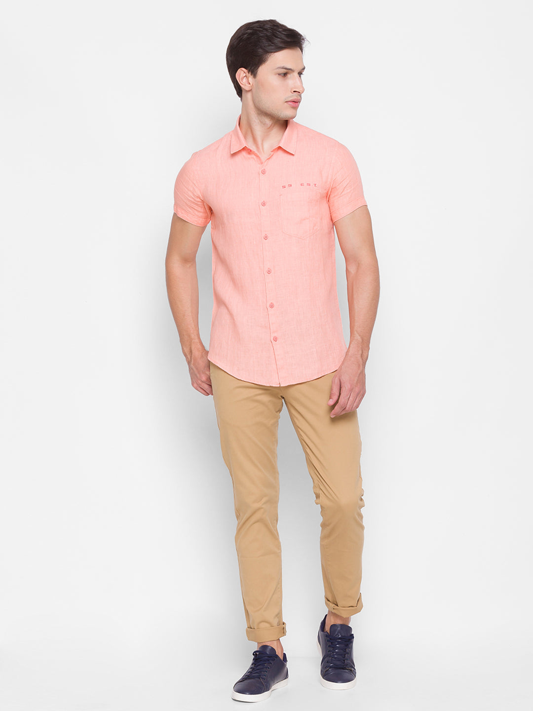 Spykar Slim Fit Orange Cotton Men Shirt