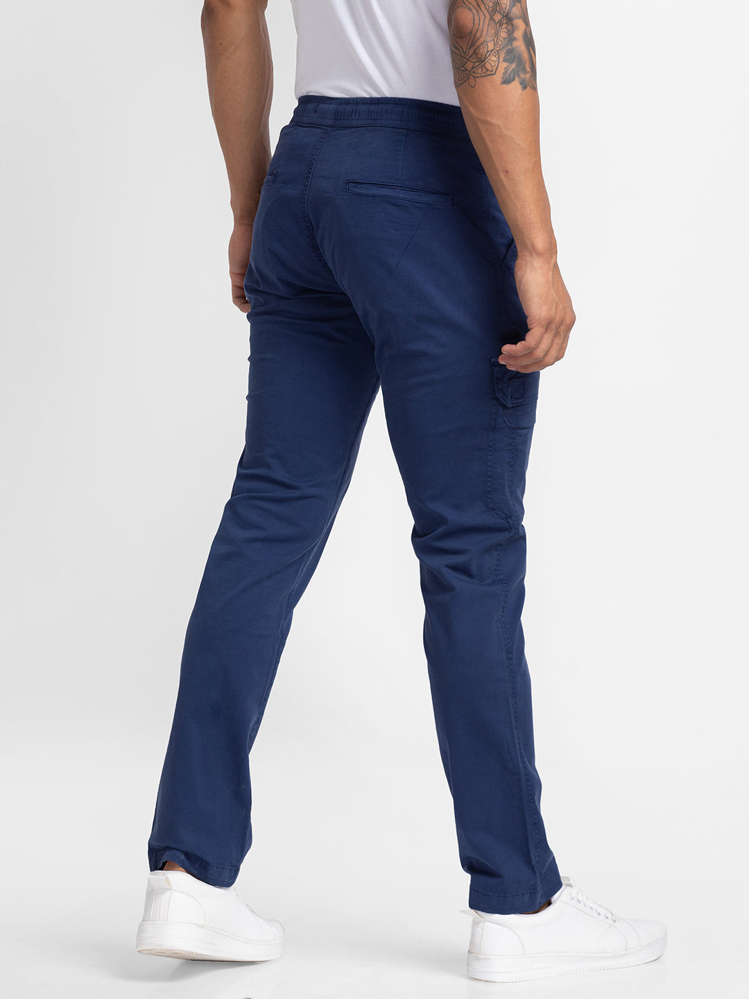 Spykar Navy Blue Cotton Slim Fit Regular Length Trouser For Men