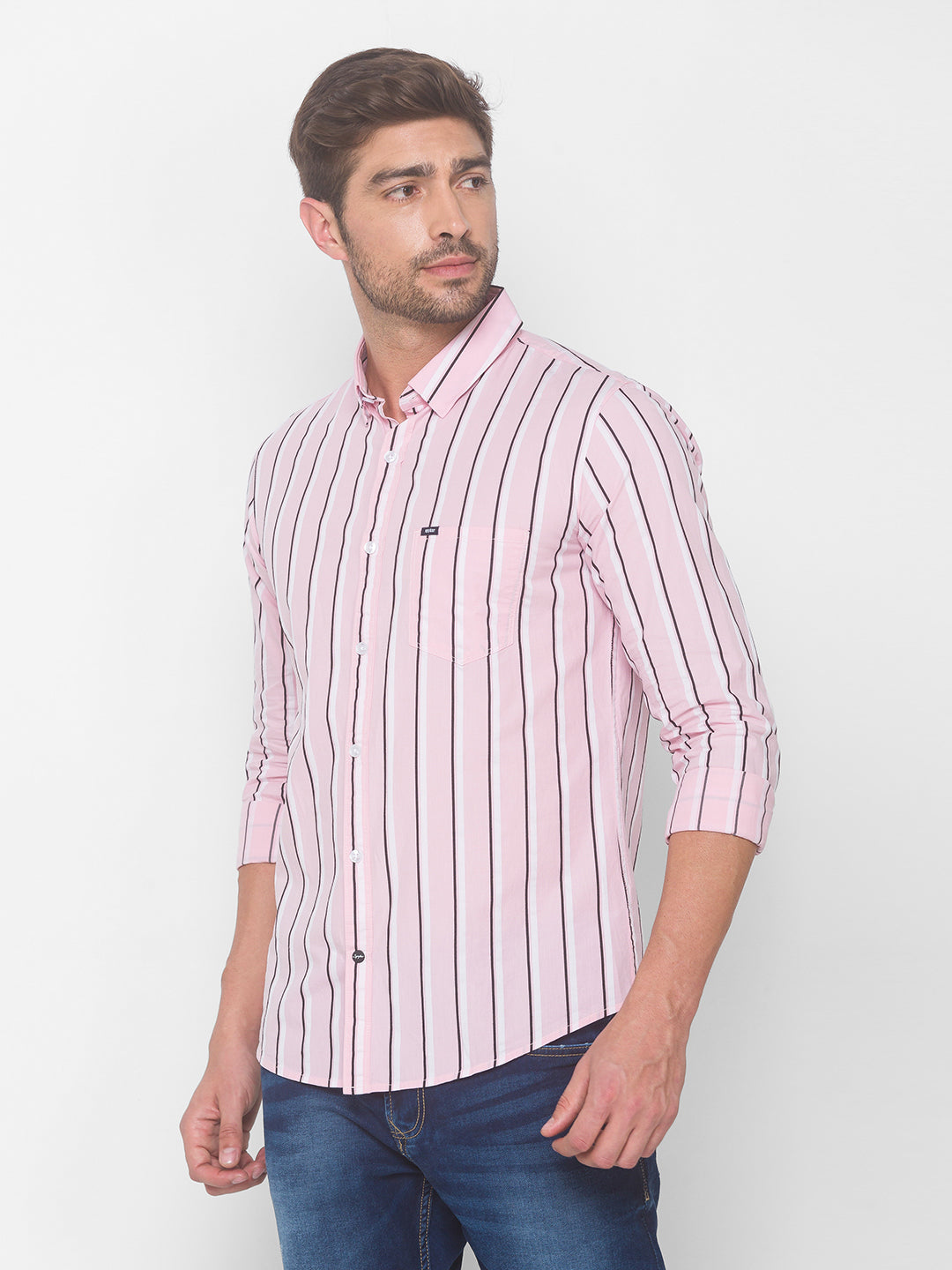 Spykar Men Baby Pink Cotton Slim Fit Shirt